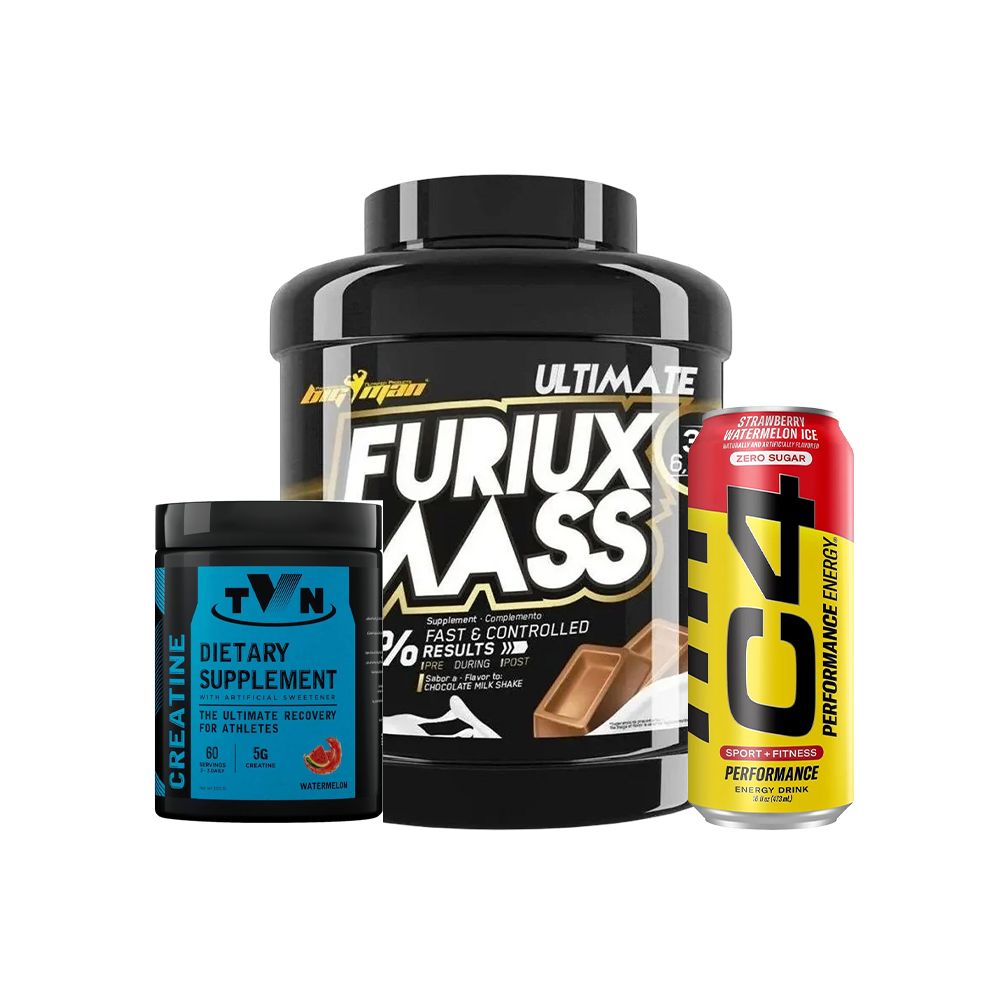 تركيبة بناء العضلات | فيوريوس ماس ٣ كجم + كرياتين TVN + مشروب الطاقة C4 | مجموعة الطاقة القصوى