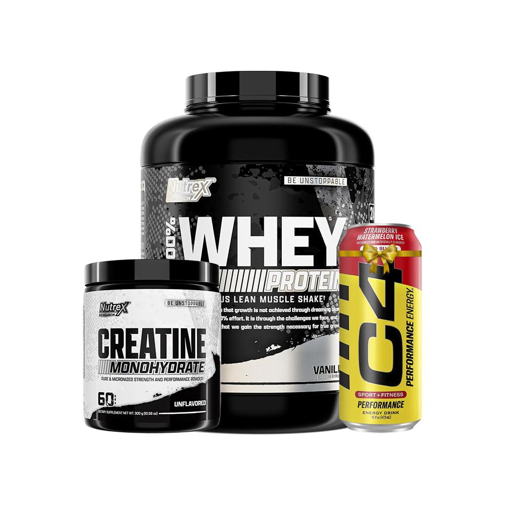 Muscle & Energy Stack | Nutrex Whey Protein + Creatine + C4 Energy Drink | Strength & Recovery Combo