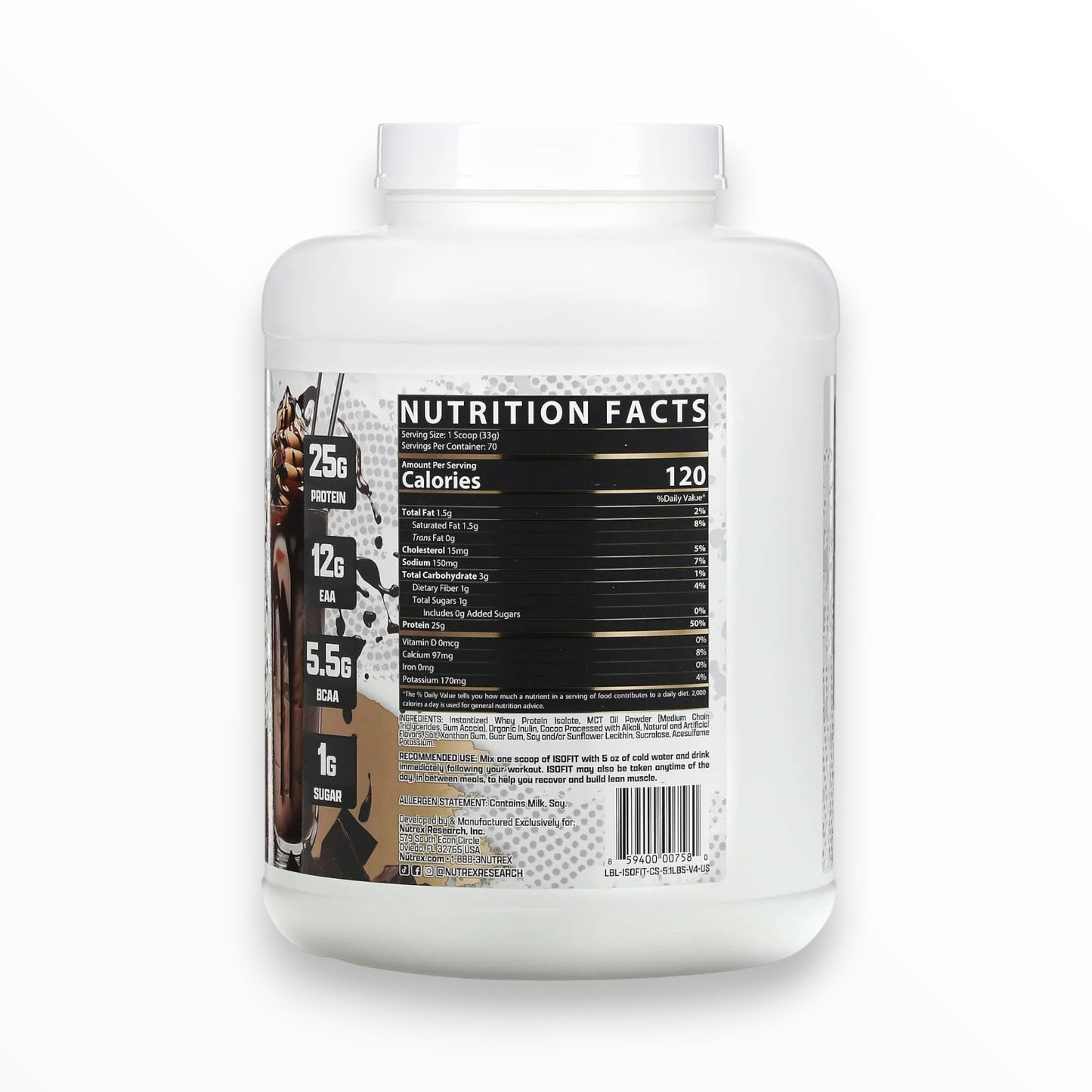 Nutrex IsoFit Protein Isolate – Chocolate Shake Flavor, 100% Whey Isolate, 70 Servings