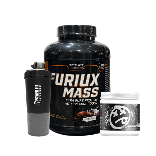 Furiux Mass 3kg + Creatine Monohydrate 50 Servings + Power Fit Shaker | Lean Muscle Gain Bundle