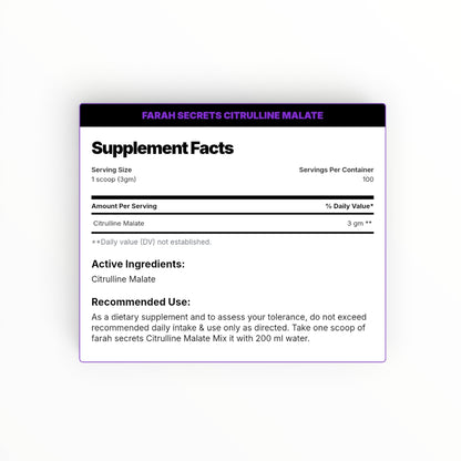 Farah Secrets Citrulline Malate 300g | Unflavored | 100 Servings | Nitric Oxide & Muscle Pump