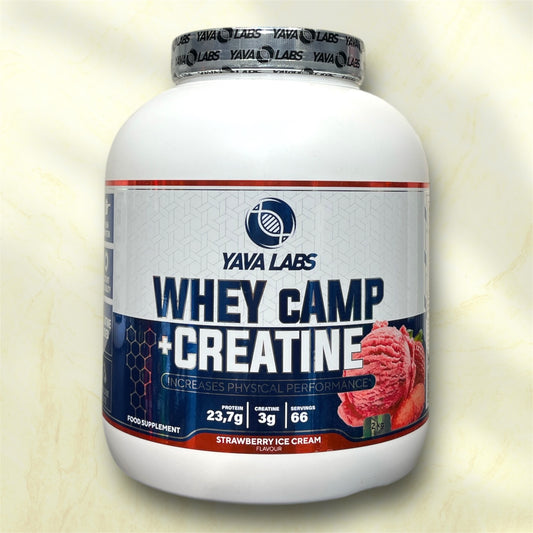 Yava Labs Whey Camp+Creatine is a premium 2-in-1 supplement designed to support muscle growth, enhance physical performance, and accelerate recovery.