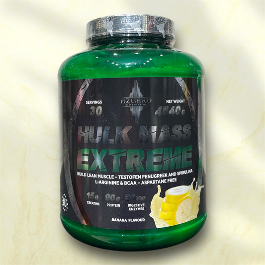 Azgard Hulk Mass Extreme is a high-calorie mass gainer supplement designed to support individuals aiming to increase muscle mass and overall body weight.