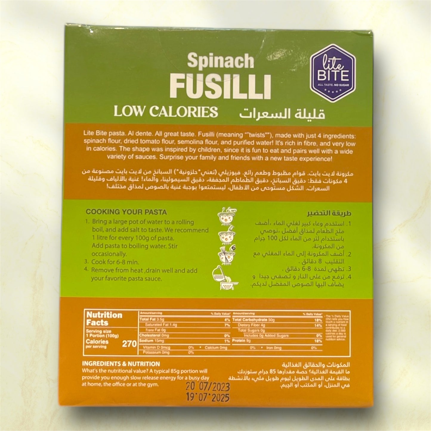 Lite Bite Spinach Fusilli 250g | Low-Calorie Vegan Pasta | High Fiber &amp; Plant Protein