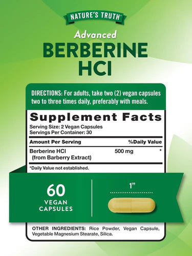 Nature’s Truth Advanced Berberine HCl 500 mg – 60 Vegan Capsules | Non-GMO, Gluten Free
