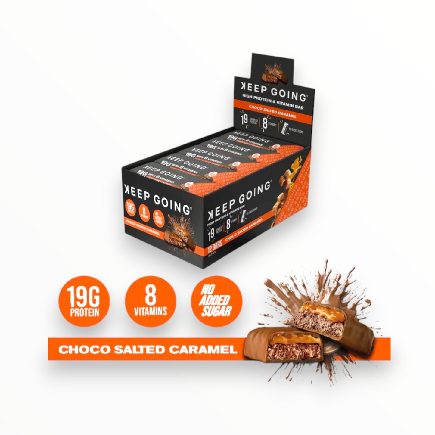 Keep Going High Protein Bar – Choco Salted Caramel | 19g Protein – No Added Sugar -12 Bars