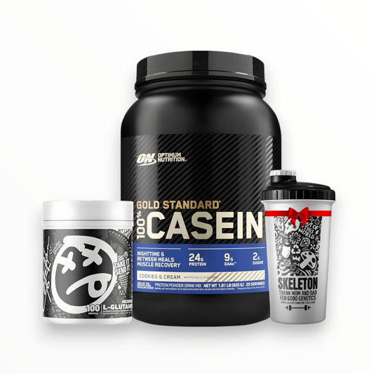 Optimum Nutrition Gold Standard 100% Casein + L-Glutamine + Free Skeleton Shaker – Night Recovery & Muscle Support Stack