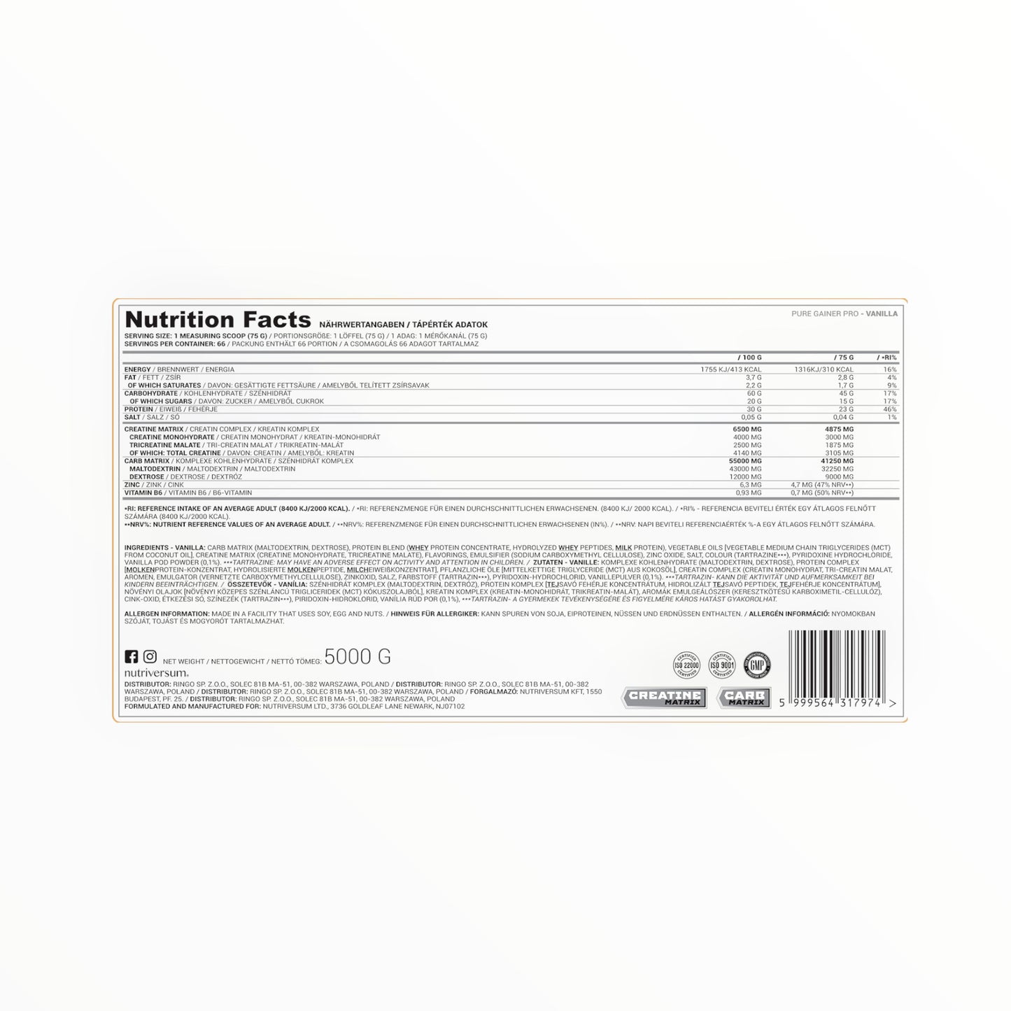 NutriVersum Gainer Pro – High-Calorie Mass Gainer for Muscle Growth, Strawberry, 5kg (71 Servings)