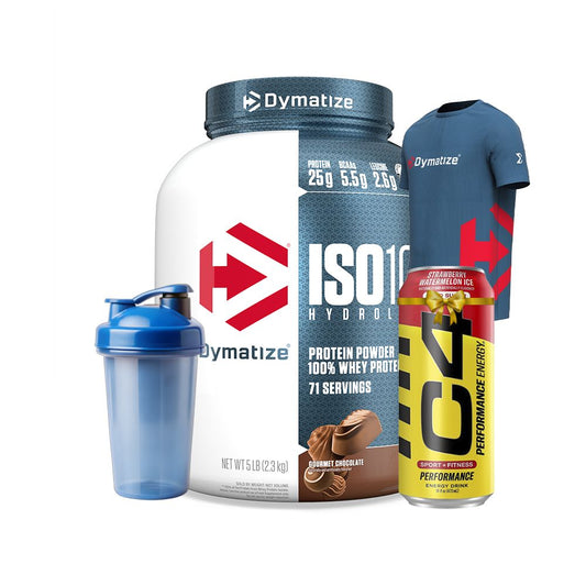 Dymatize ISO100 2.3KG + C4 Energy Drink + Dymatize Shaker + Dymatize T-Shirt – Premium Protein Performance Bundle