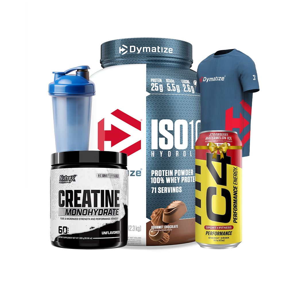 Dymatize ISO100 2.3KG + Nutrex Creatine 300g + C4 Energy Drink + Shaker + Dymatize T-Shirt – Elite Muscle Building Bundle