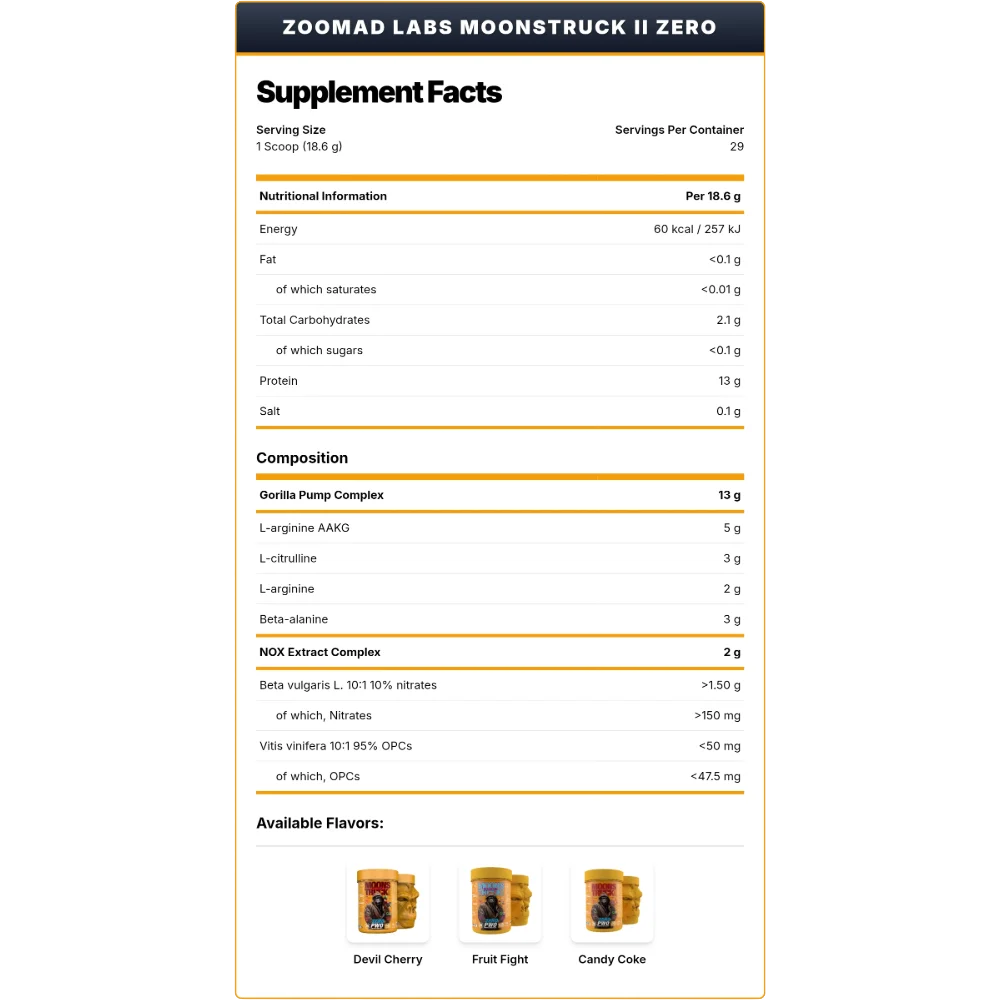 Zoomad Labs MOONSTRUCK Zero – 540g (29 Servings) | Extreme Pre-Workout for Energy, Focus & Pumps| In Power Fit Supplements Egypt