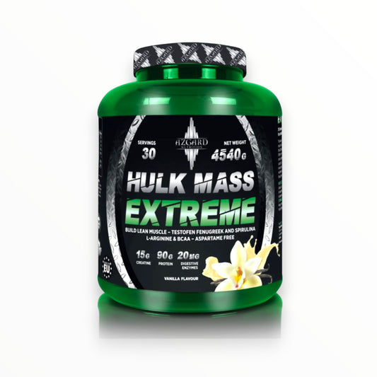 Azgard Hulk Mass Extreme هو مكمل غذائي عالي السعرات الحرارية مصمم لدعم الأفراد الذين يهدفون إلى زيادة كتلة العضلات ووزن الجسم بشكل عام.